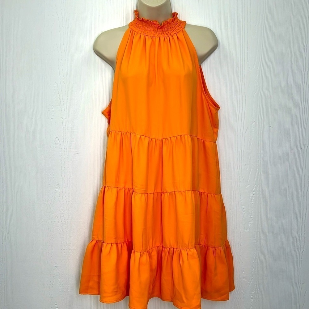 1.State -Orange Mock Neck Sleeveless Button Closure Tired Mini Dress Size Large